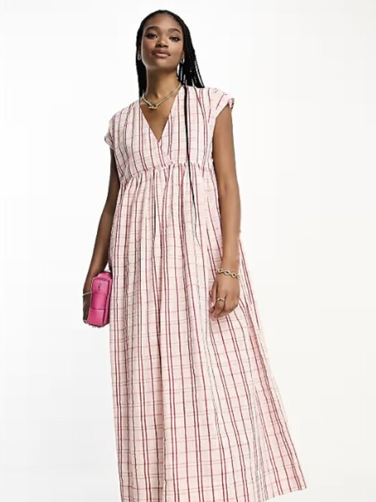 ASOS Dresses & Skirts - ASOS DESIGN Tall Cotton v-neck midi smock dress in pink check